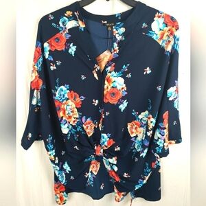 NWT Iman Navy Multicolor Floral VNeck 3/4 Sleeve Button Down Tie Up Shirt Sz 2X